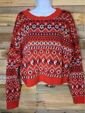 BP Sweater Womens L Fair Isle Grandma Valentines Cozy Cottagecore Orange Red
